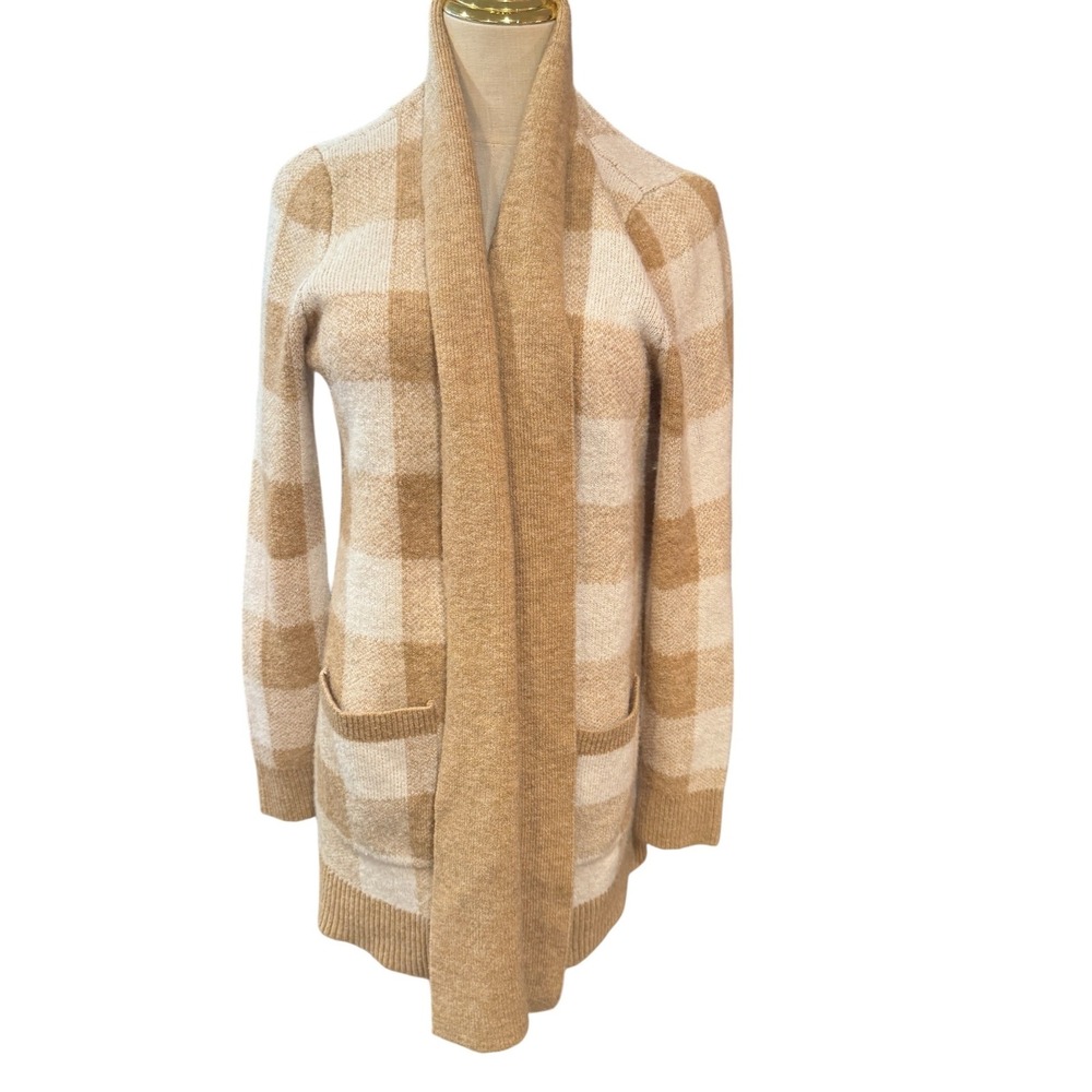 LOFT Womens Tan White Gingham Plaid Open Front Shawl Collar Cardigan Sweater L